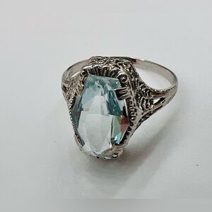 Antique 14k White Gold Filigree Ring with Aquamarine. Ladies Size 6.